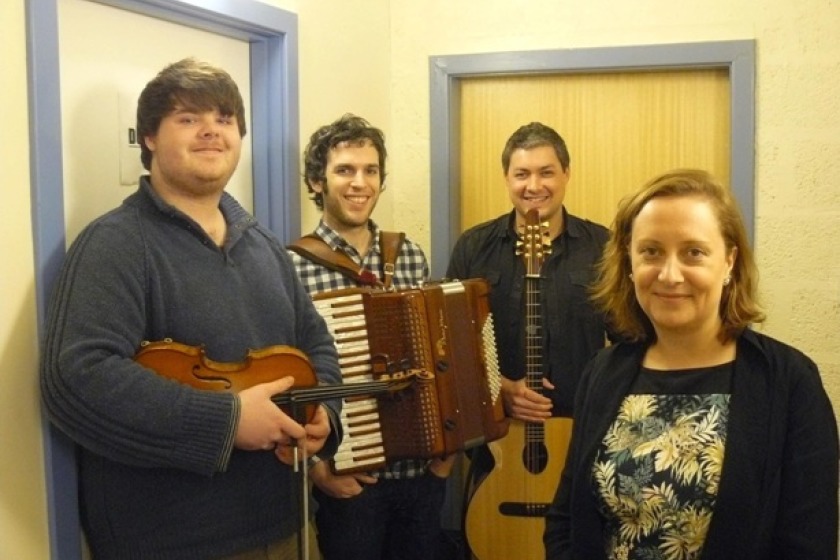 Barruleâs Tom Callister, Jamie Smith and Adam Rhodes with Anna Wendy Stevenson - Programme Leader for Applied Music at Lews Castle College, Benbecula